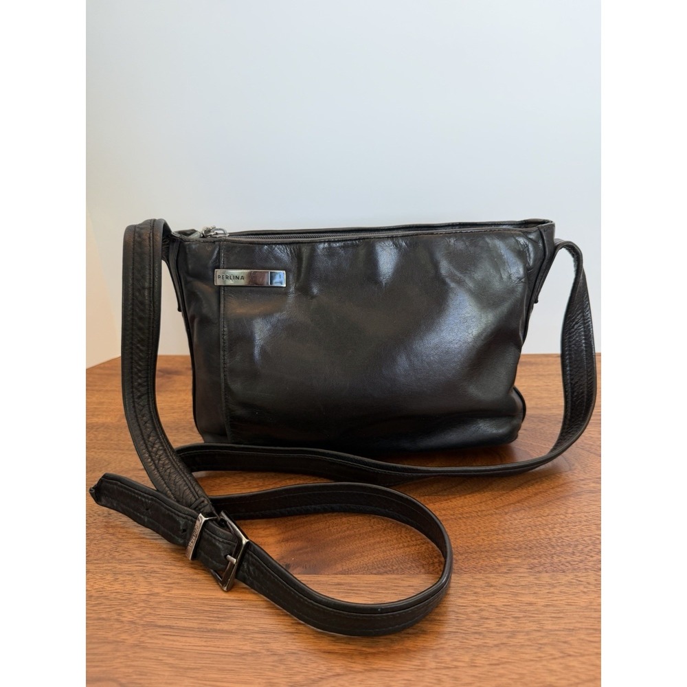 Perlina Purse Black Leather Cross Body Adjustable Shoulder Bag New York